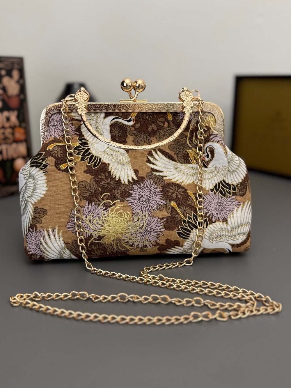 New Vintage Crane Floral Frame Bag Japanese Style Kiss Lock Clutch Gold Chain